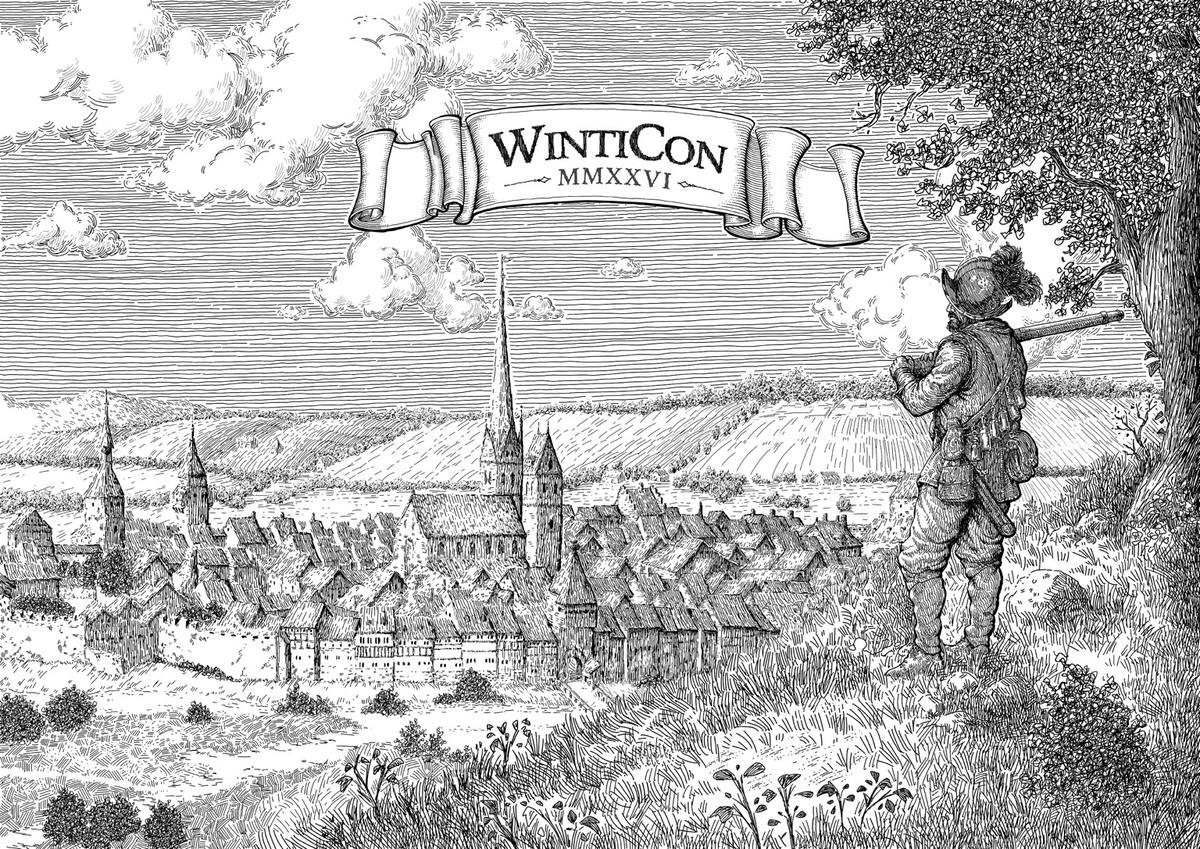 Official WintiCon MMXXVI artwork showing Winterthur in an engraving style
